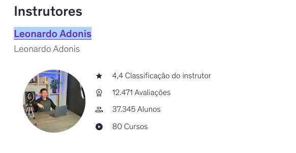 Perfil do instrutor Leonardo Adonis na Udemy, com avaliações, alunos e cursos